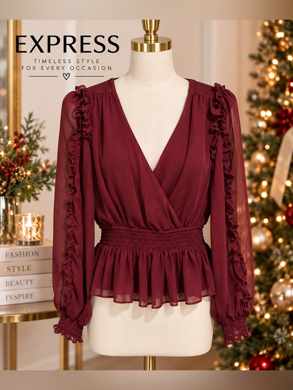 Express Burgundy Ruffle Chiffon Peplum Blouse Long Sleeve Size Small
